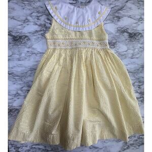 Vintage Girls Smocked Yellow Dress Gingham Daisy Embroidery Size 6 Cottage